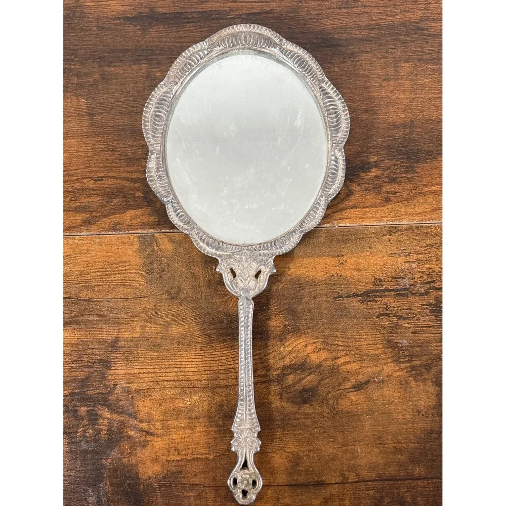 Vintage Ornate Silver Tone Handheld Vanity Mirror Embossed Floral Scrollwork